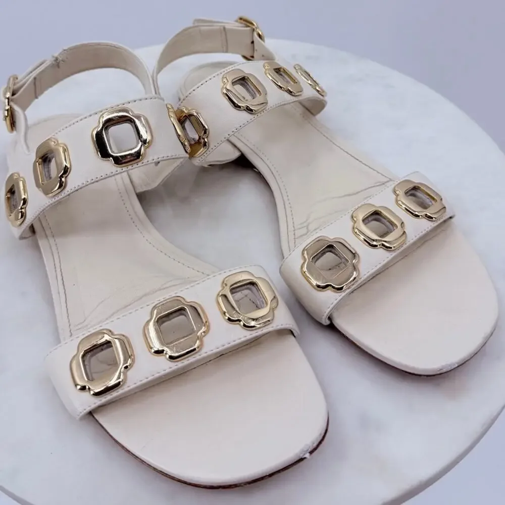Larroudé Milan Flat Sandal Ivory Leather Gold Chain Size 8.5